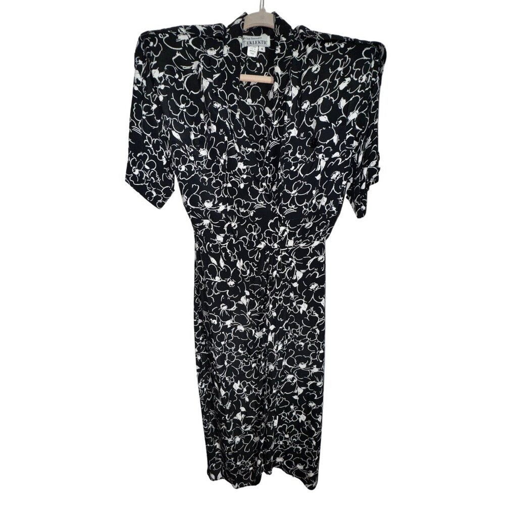 Vintage Jackie Bernard‎ For Eklektic Black & White Floral Dress Size 4 Eighties